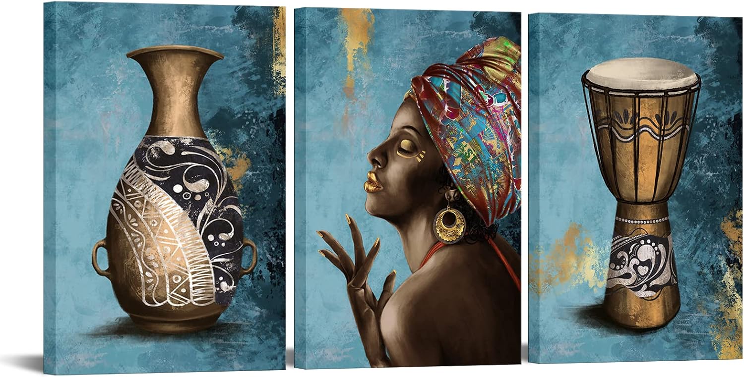 OuElegent 3 Piece African American Wall Art Black Woman Painting Canvas Turquoise and Brown Picture Artwork for Living Room Bedroom Wall Decor Giclee Prints Ready to Hang