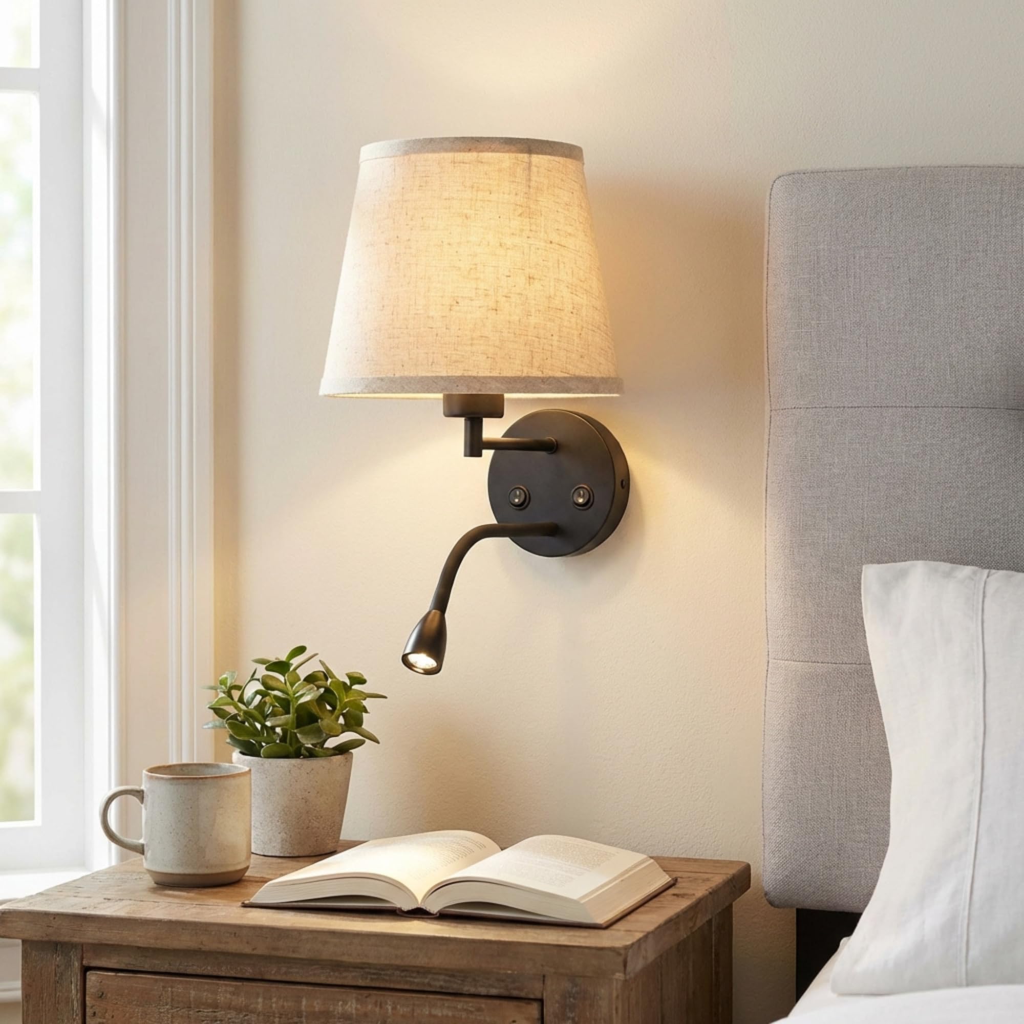 BarcelonaLED Applique murale LED E27 avec spot de lecture orientable 3 W Écran textile Interrupteur pour chambre, tête de lit, salon