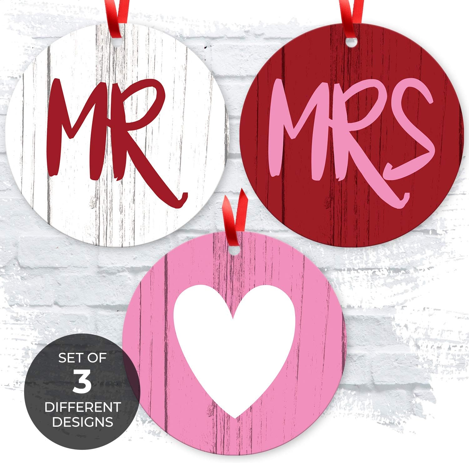 Soul Décor Valentines Day Ornaments Decoration, Mr & Mrs Heart, (Set of 3) Large 3.75" Round Metal Ornament, with Red Satin Ribbon