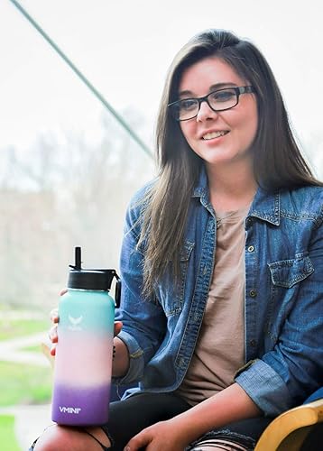 Miniatura 6 de Vmini - Botella de agua de acero inoxidable 188 de boca ancha con aislamiento al vacío y con tapa de popote, 12  18  24  32  40  64 oz