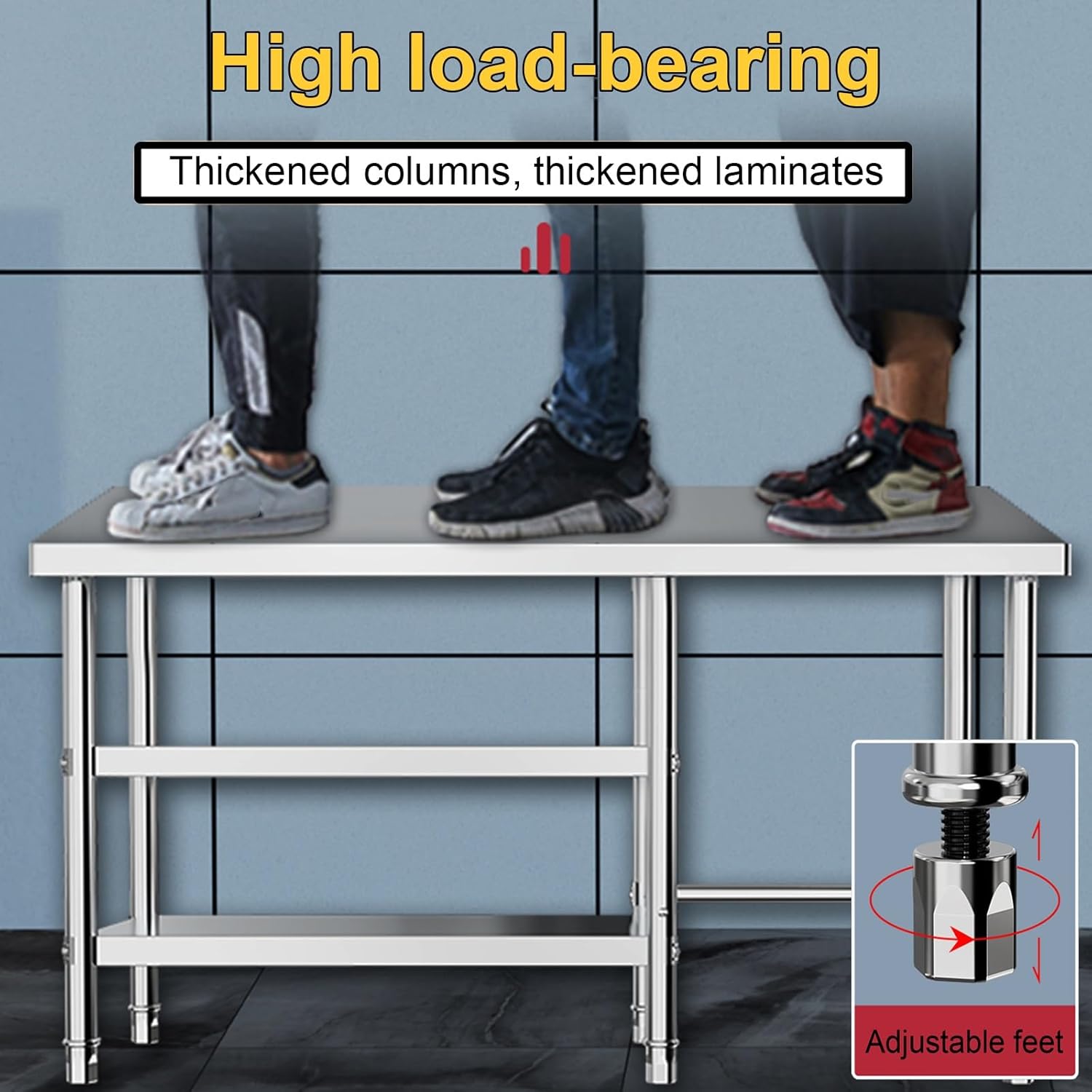 Multi-functional Workbench Three Tier Chopping Table Stainless Steel Adjustable Feet 100*50*80cm