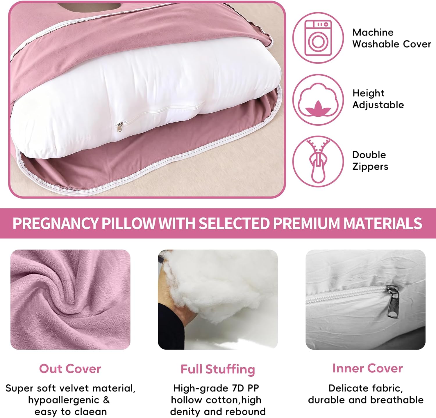 U-Shaped Pregnancy Pillow for Sleeping, Full Body Support for Back, HIPS & Belly -65 Inch Maternity Pillow with Machine Washable Cover | Maternity Essential (Velvet Pink-65inch)