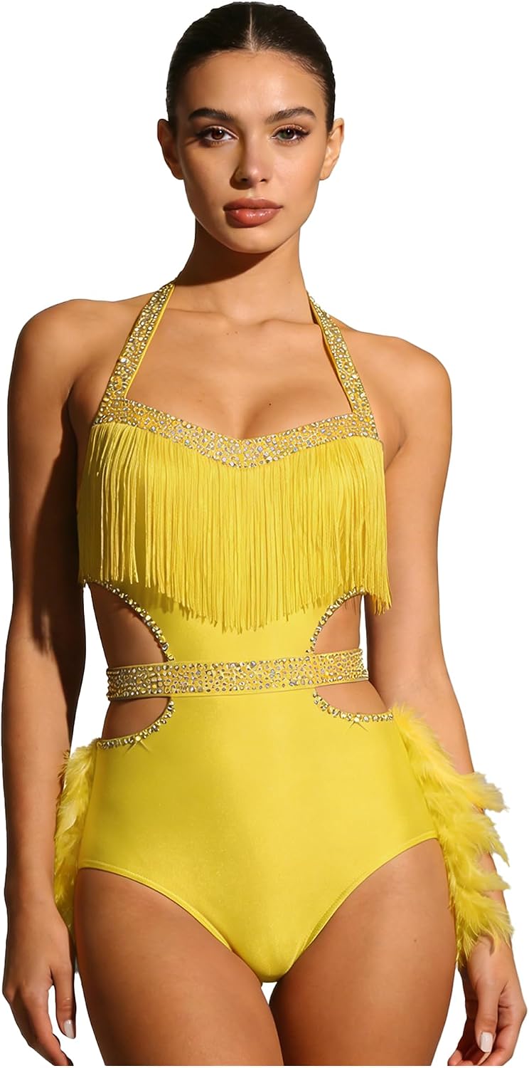 Womens Glitter Halter Sleeveless Feather Leotard Bodysuit Latin Dance Leotard Rave Party Outfits