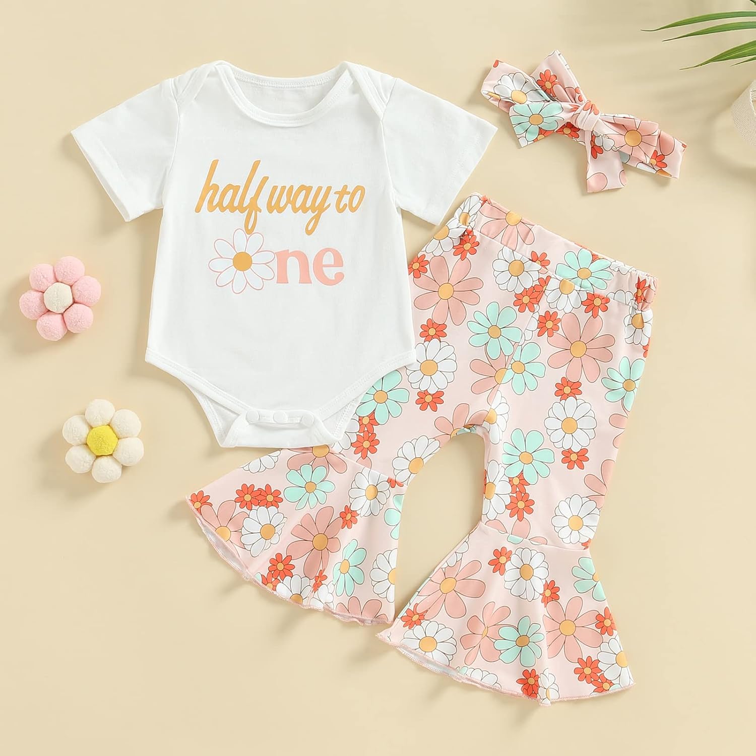 Baby Girl Half 1st 2nd Birthday Outfit Short Sleeve Romper/Shirt Top Floral Bell Bottoms Pants Birthday Girl Outfit - Image 2