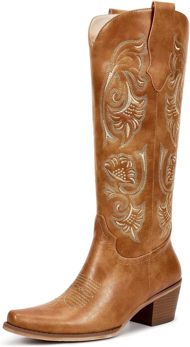wetkiss Cowboy Boots for Women Cowgirl Boots with Floral Embroidered Pointed Toe Chunky Heel Side Zipper Retro Vintage Classic Tall Boots for Ladies