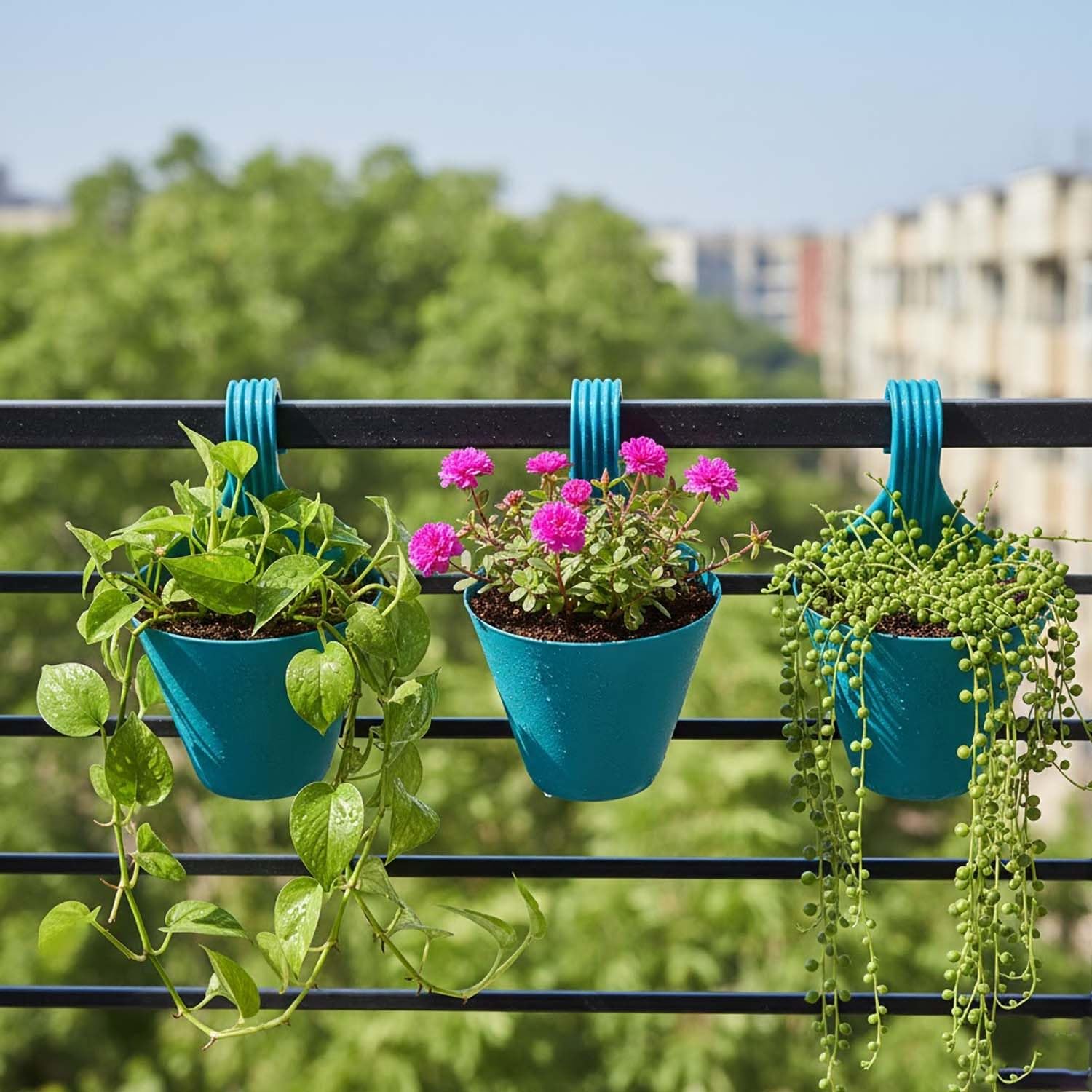 Go Hooked Plastic Hanging Planter for Plants, Railing Flower Pots, Pot Diameter (22 cm), Pot Height (17 cm) (Set of 3)(Blue)-image-7