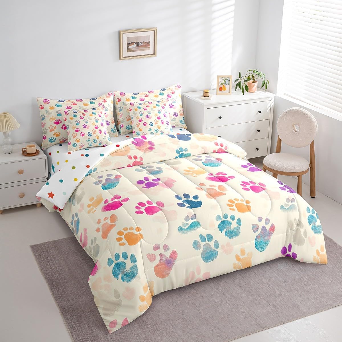 Erosebridal Cute Paw Print Bed in a Bag Queen Comforter Set 7 Piece,Watercolor Animal Footprints Bedding Sets Puppy Paws Sheet Set with Comforter,Paintbrush Graffiti Art Bed Set