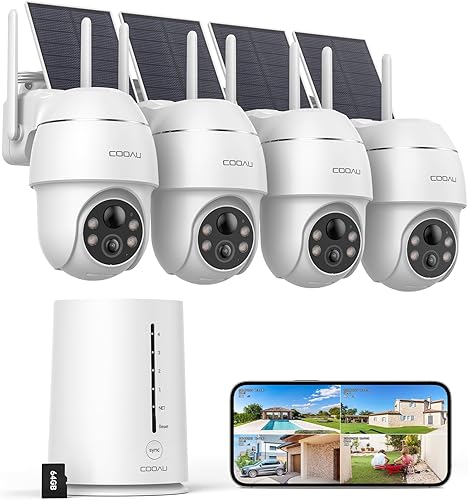 COOAU Cámaras para seguridad en el hogar al aire libre, sistema inalámbrico de cámara de seguridad solar de 4 MP, kit de 4 cámaras, giro e