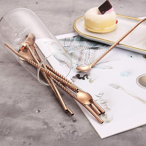 Miniatura 6 de 50 popotes de cuchara de metal reutilizables a granel para venta al por mayor, pajitas de acero inoxidable de 8.5 pulgadas para beber de oro rosa,