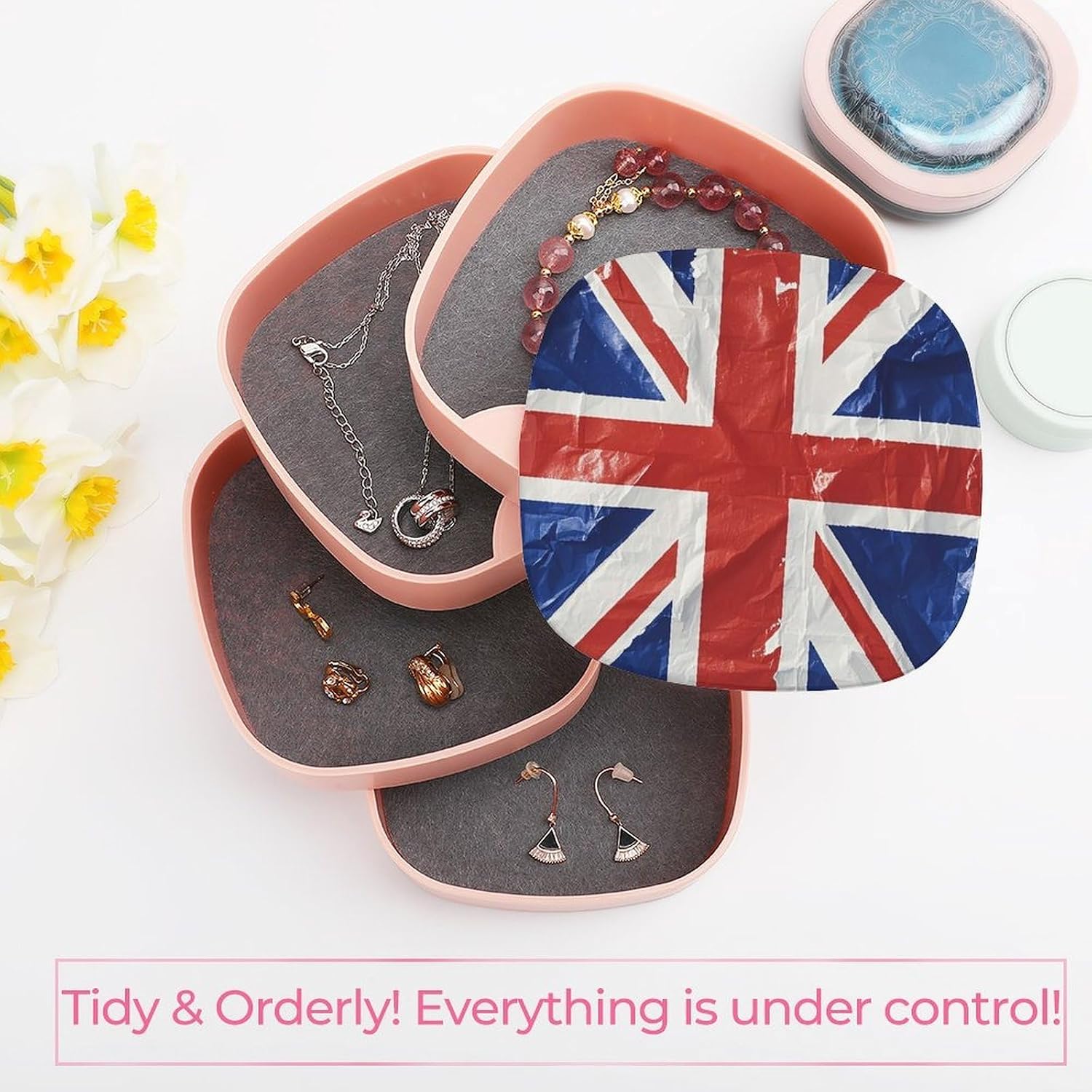 British Flag Jewelry Box 360° Rotatable Jewelry Organizer 4 Layers Jewelry Case with Lid Fashion Portable Earring Holder for Bracelets Rings Bracelets Vanity image 5