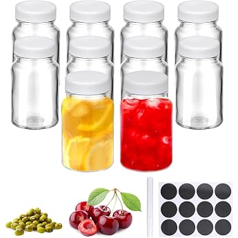 Pack of 10 Small Shot Bottles for Filling Shot Glasses with Lid Small Glass Bottles Reusable Mini Shot Glass Bottles 60 ml Wide Mouth Shot Glasses for Juice Sauce Liquor Ginger