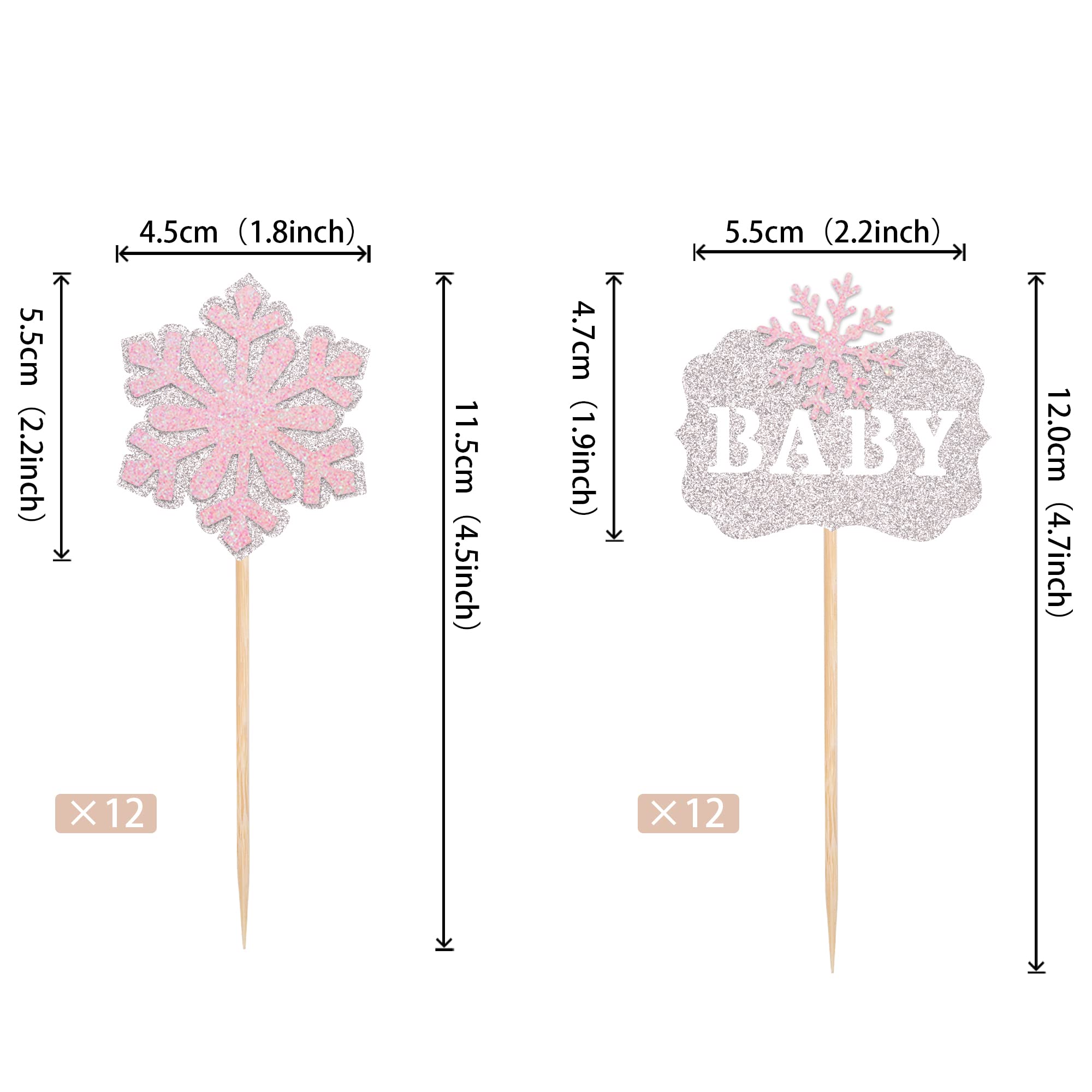ZHUOWEISM 24 PCS Snowflake Baby Cupcake Toppers Glitter Winter Shower Picks Decorations for Theme Boy Kids Birthday Christmas Party Supplies Pink, Pattern 4 Silver+pink