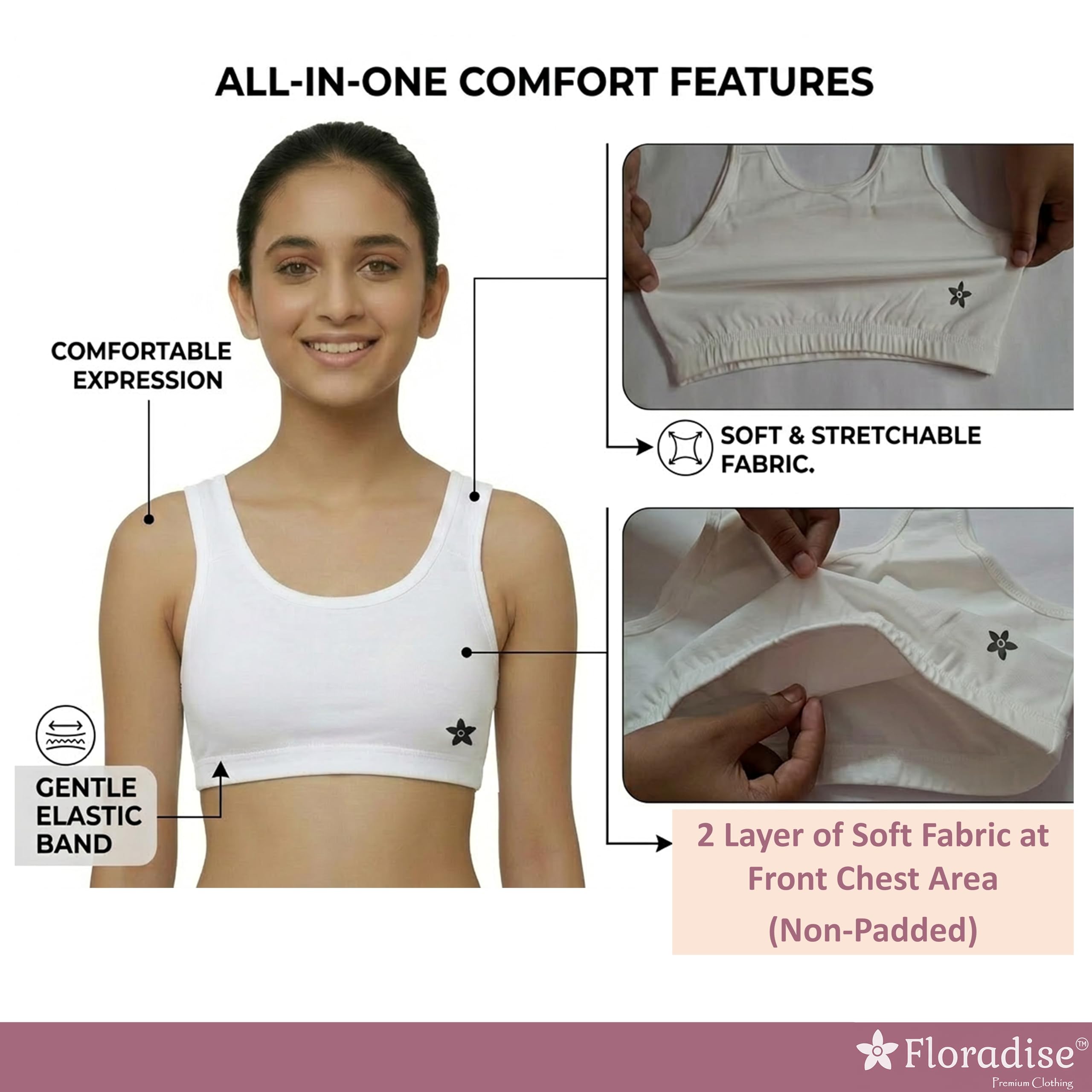 Floradise Girls Cotton Sports Bra (Pack of 1) | Dual Layer | Non-Padded | Pull-On | Wire-Free | Broad Strap | Perfect for School Sports (in, Age, 14 Years, 16 Years, Regular, Beige)