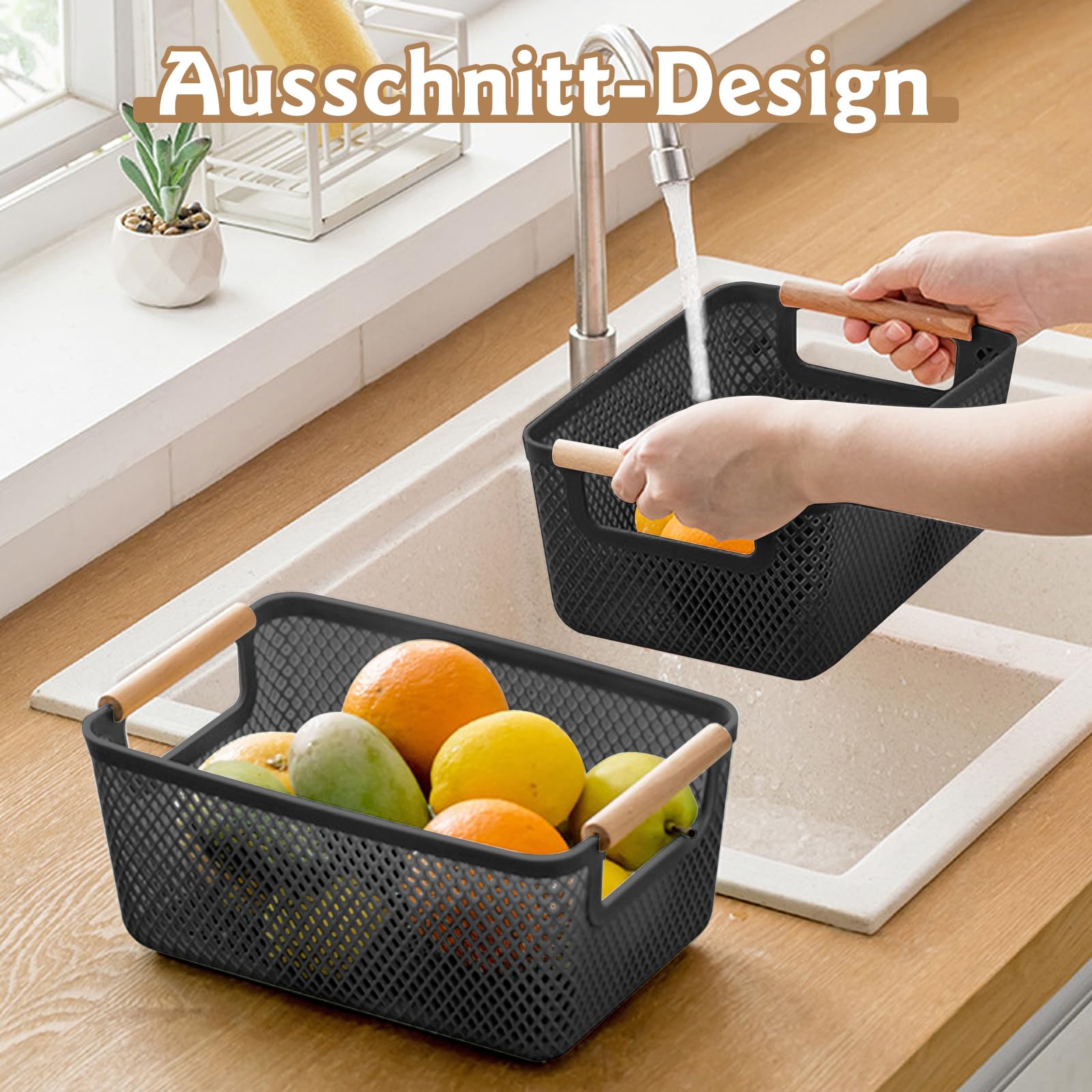 Set di 6 contenitori (3 grandi 35 x 22,5 x 16,2 cm + 3 medie 30 x 20,4 x 14,2 cm) – Cesto portaoggetti da cucina senza coperchio in plastica traspirante con manici in legno per bagno