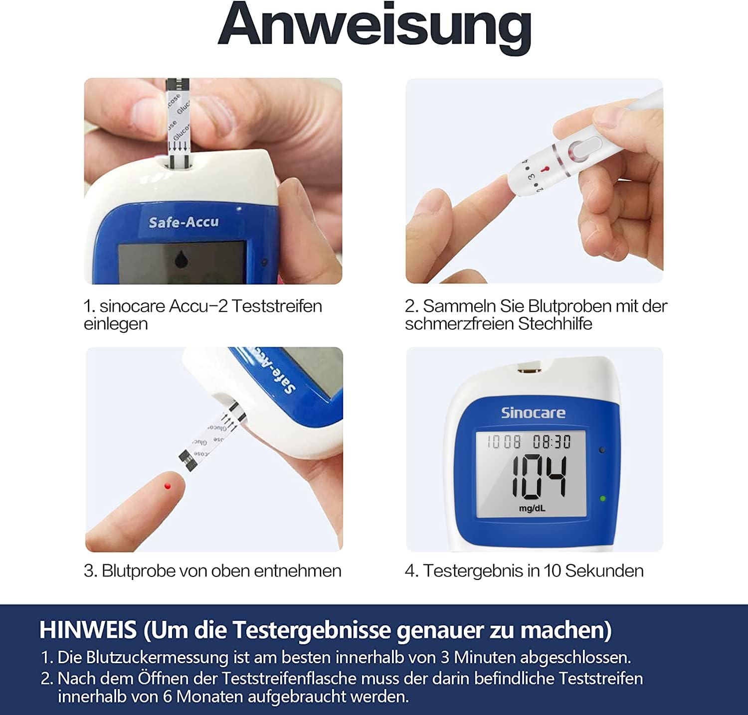 Sinocare Safe-Accu2 Blutzuckermessgerät mit 100 Teststreifen und 100 Lanzetten: Klinisch validiert, schmerzfrei, mit Alarmfunktion und mg/dL-Messung (Safe-Accu2 Messgerät Set 100)