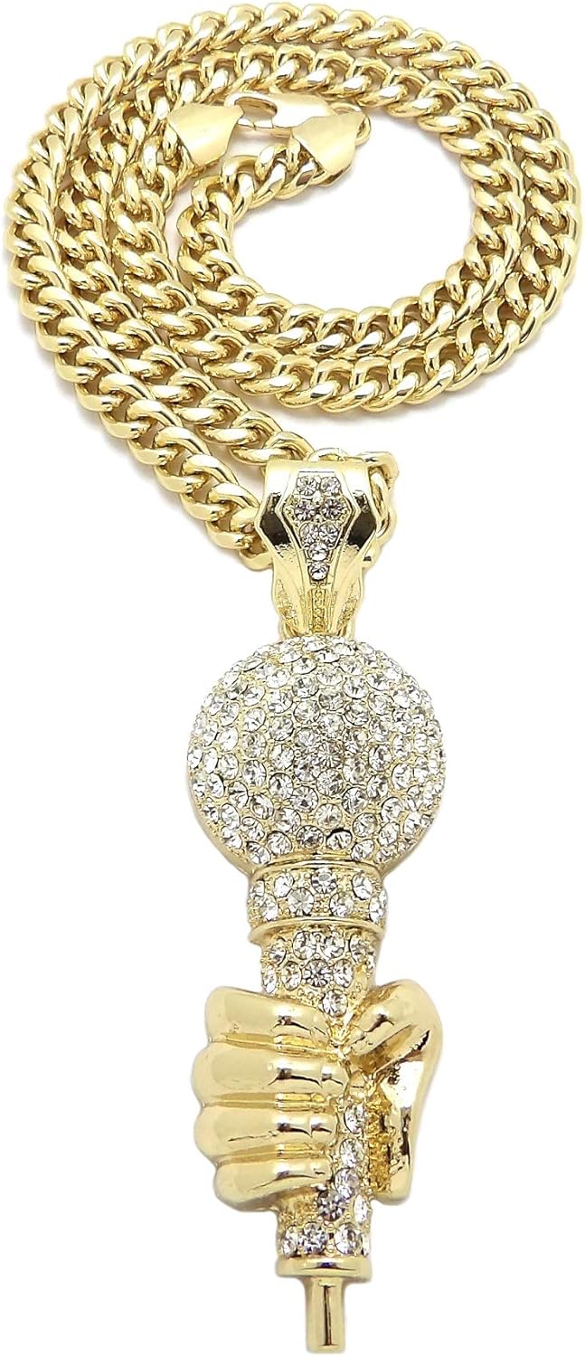 Iced Microphone Pendant 6mm 18" 20" 24" 30" Cuban Chain Hip Hop Necklace RC4311 (Gold, 18)