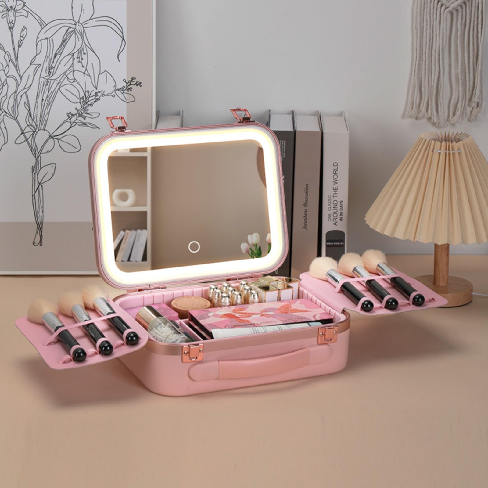 Beauty case professionale con anelli LED regolabili, luce e specchio, organizer portatile per cosmetici da donna, portatile, luminosità regolabile, B, One Size, Bellezza di massa