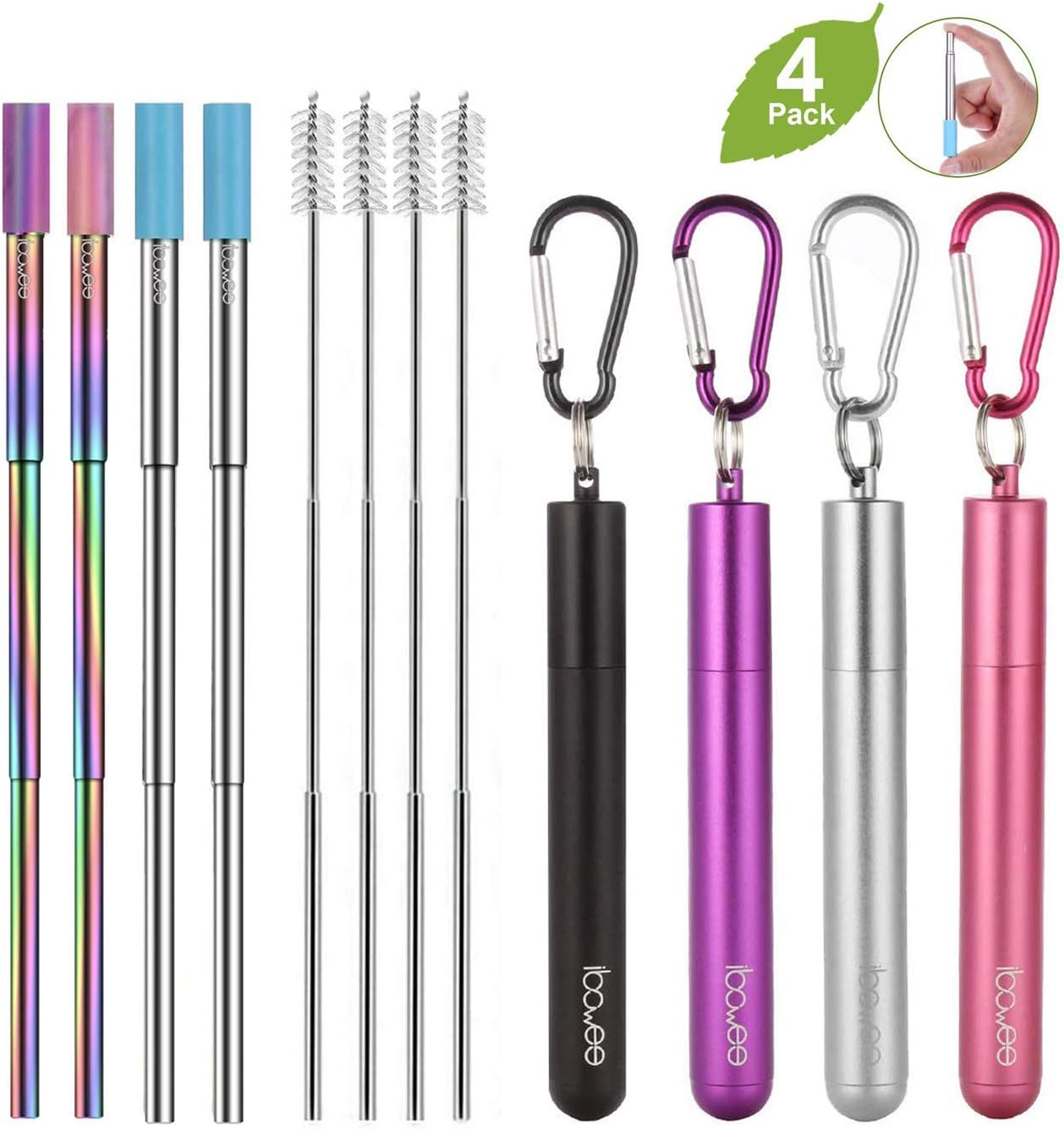 ibowee 4 Pack Metal Reusable Drinking Straws With Case&Silicone Tips Removable,Portable Stainless Steel Telescopic Straw For Travel,Collapsible with Cleaning Brush
