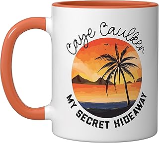 Secret Hideaway Caye Caulker Ceramic Mug, Orange/White
