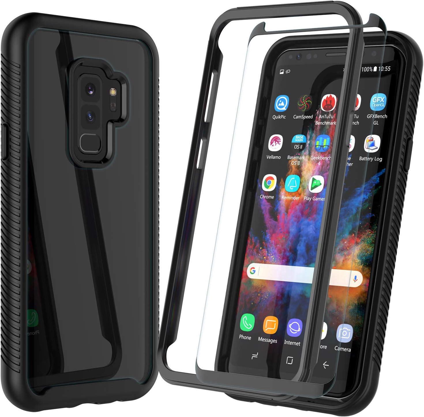 NJJEX Case for Samsung Galaxy S9 Plus, for Galaxy S9 Plus S9+ Case W/[Tempered Glass Screen Protector], [Npatt] Hybrid Transparent Clear Back TPU Bumper Armor Rugged Shockproof Phone Cover [Black]