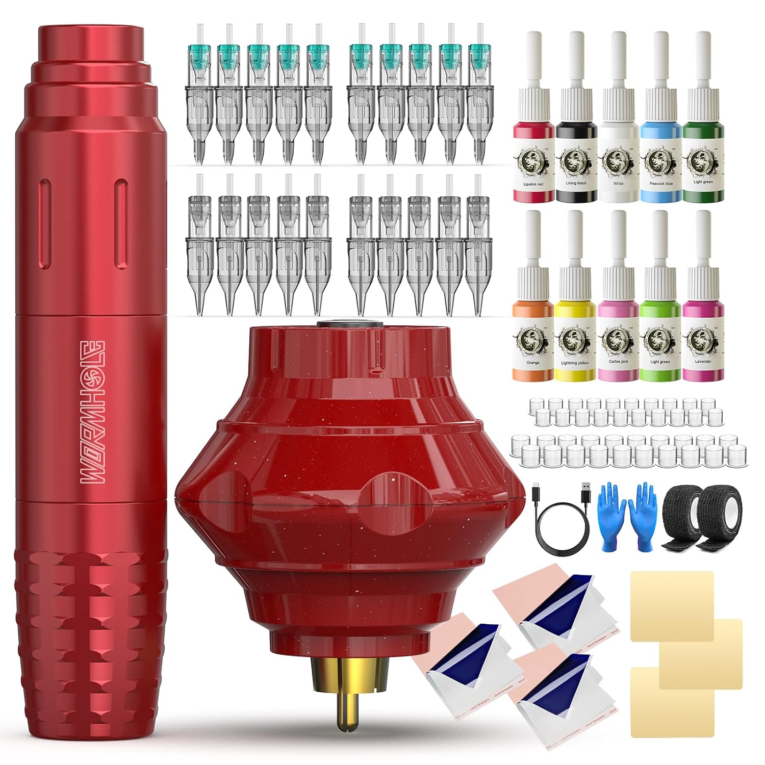Tattoo Gun Kit, Wormhole Tattoo Machine Kit Tattoo Pen Kit Complete Tattoo Kit Rotary Tattoo Practice Machine Kit 10 Cartridge Needles 8 Tattoo Ink 40 Tattoo Ink Caps for Beginner WTK085