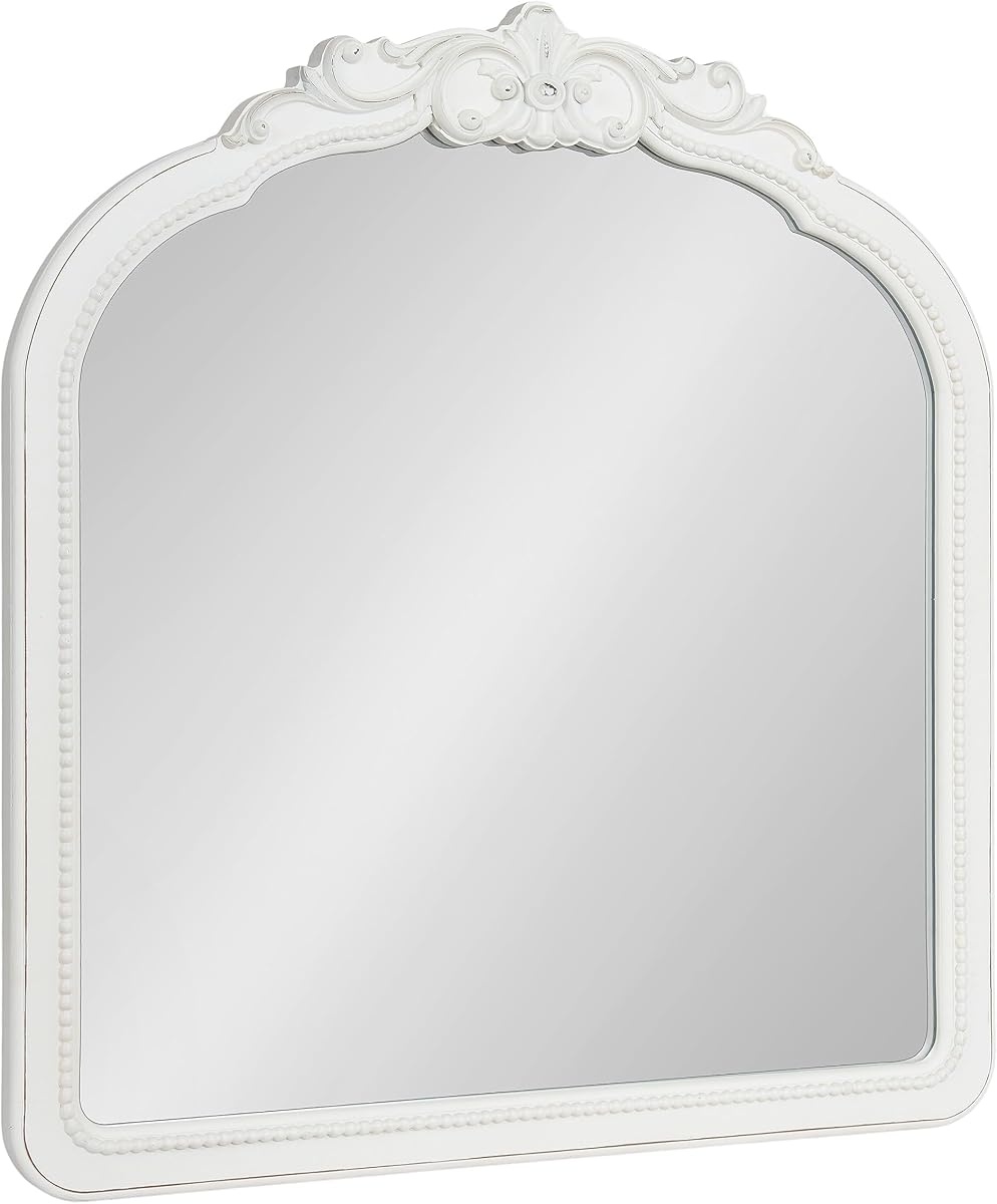 Kate and Laurel Jenelle Traditional Arched Baroque Wall Mirror; 28 x 30; White; Distressed Antique-Inspired Vintage Arch Mirror with Ornate Garland Crown for Bathroom Vanity or Fireplace Mantel