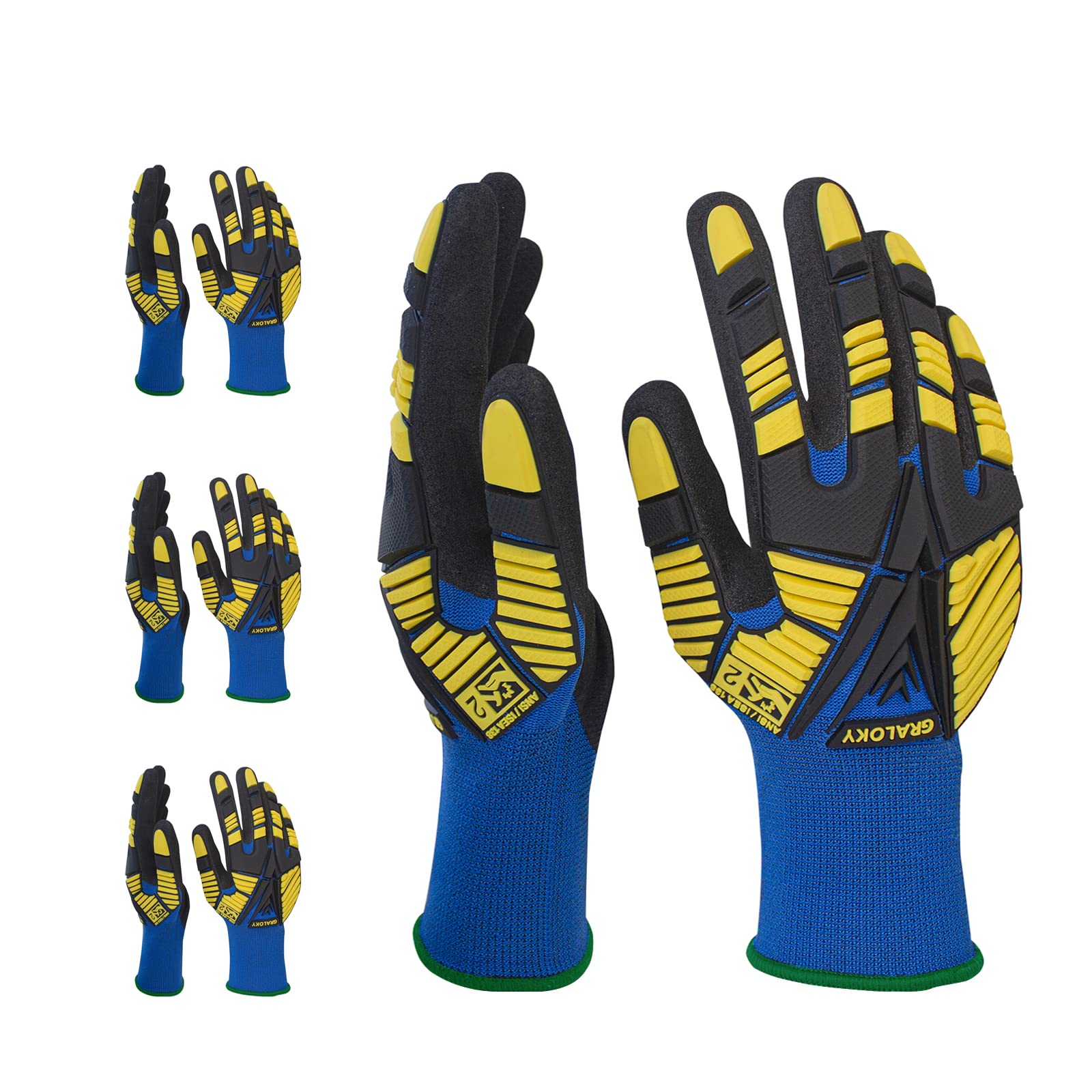 Graloky 3 Pairs Work Gloves, Impact Resistant Gloves with Rubber for Men Women, Nitrile Palm Touch Screen Cut Resistant Glove, Durable Mechanic Heavy