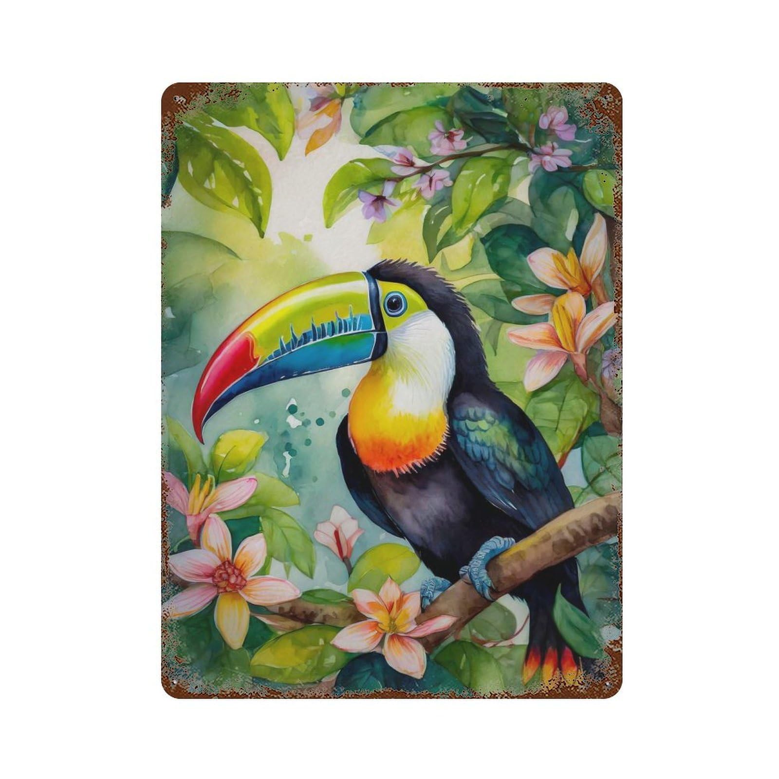 Aged Metal Wall Plaque with Toucan in Botanical Back Design 15.7"x11.8", for Basement, Hobby Room And Garage Decor, Classic Wall Plaque