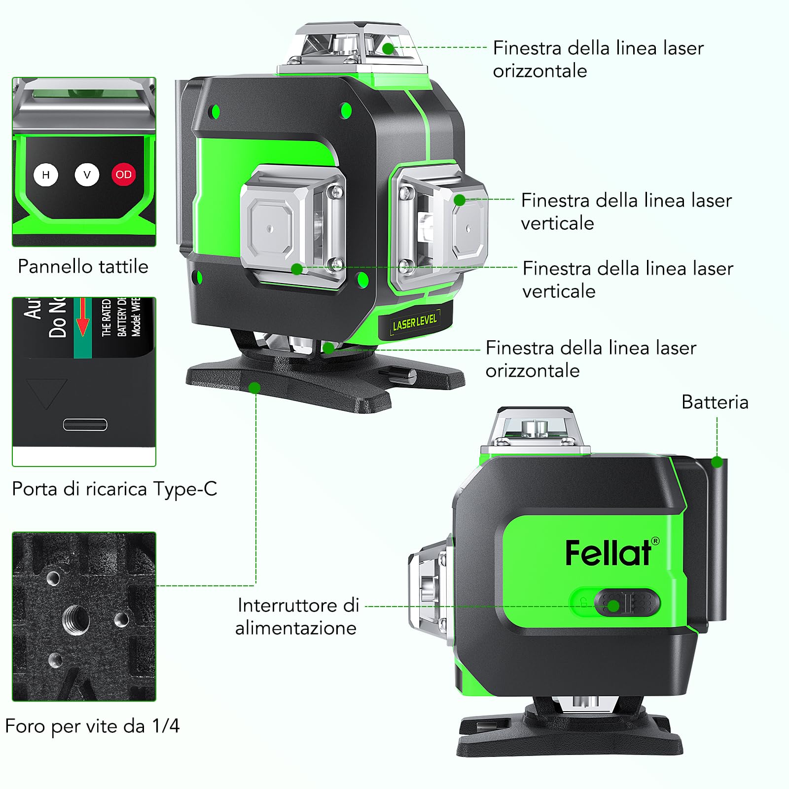 Livella Laser, FELLAT 4 x 360° Livella Laser Autolivellante 16 Linee 4D Livello Laser con 2 Batterie Ricaricabili da 4000 mAh, Telecomando, Base di Sollevamento, Supporto Magnetico Rotante