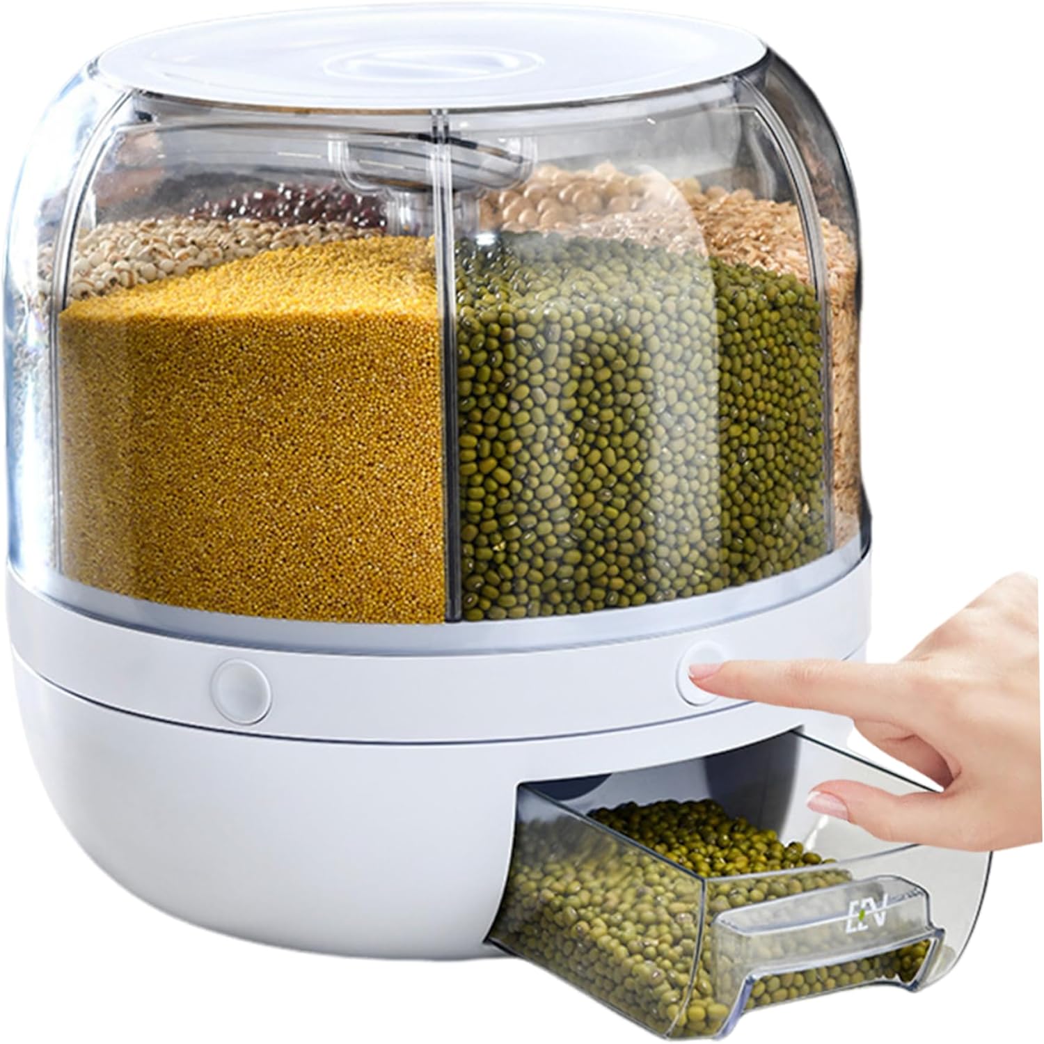Gcroet Rice Dispenser Large Capacity Grain Storage Container 6 Grids 360° Rotatable Cereal Dispenser With Lid For Beans Cereal White.