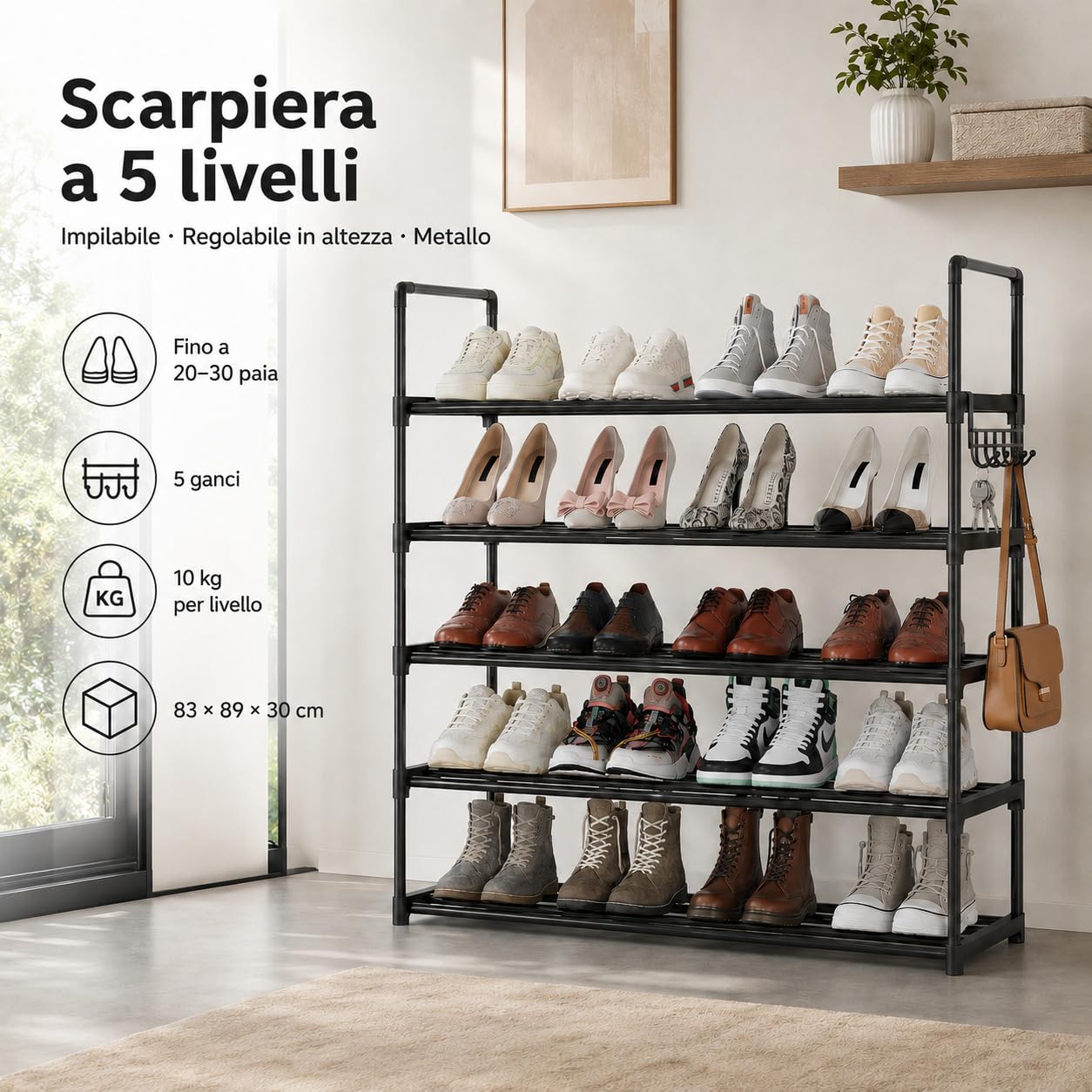 Scarpiera a 5 livelli, in metallo, scarpiera, organizer per scarpe, colore: nero, 5-TIER2