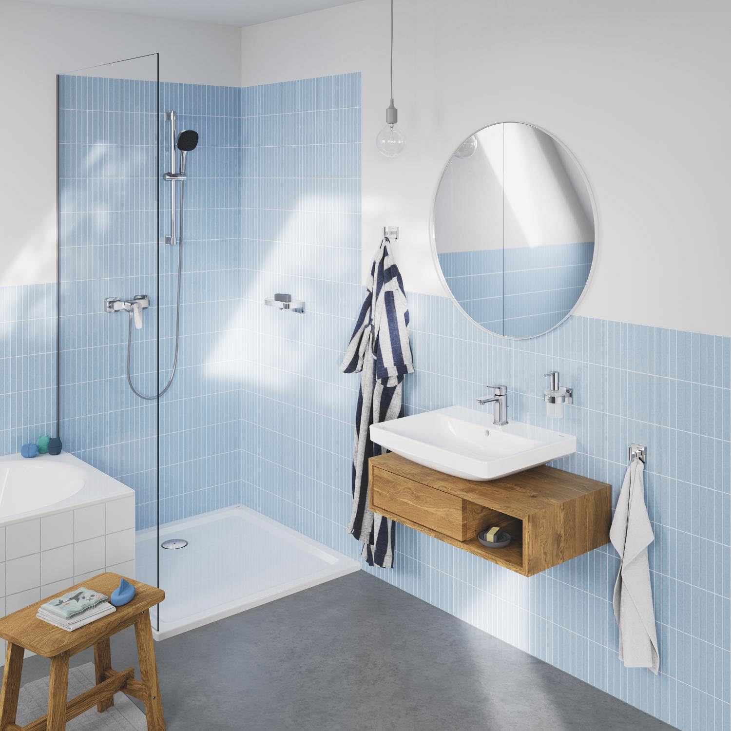 GROHE Vitalio 110 - Conjunto de ducha con barra (ahorro de agua 8L/min), teleducha de 2 chorros, flexo 1,75m y barra 60cm, montaje para pegar o atornillar, eckig (cuadrado), cromo, 26398001