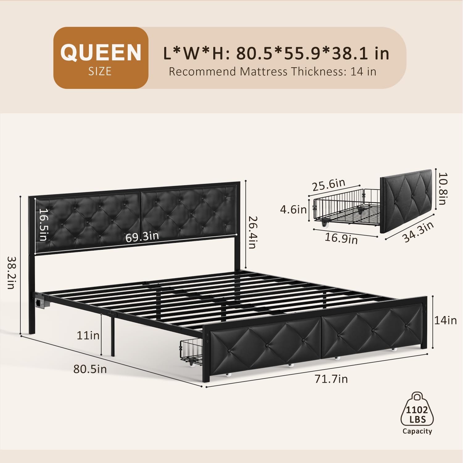 Marco de Cama Matrimonio de 180 x 200 cm con Base de Carga y Cabezal Acolchado, Estructura de Cama de Metal con Cesta, Ruedas de Metal, Capacidad de Peso de 300 kg, fácil de Montar