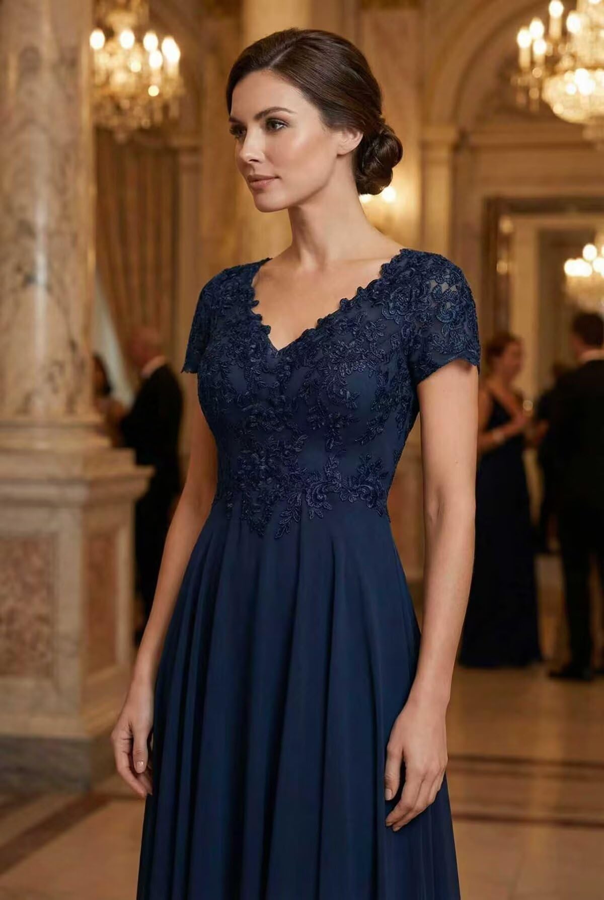 Brautmutterkleider für Hochzeit Elegant – Chiffon V-Ausschnitt A-Linie mit Spitze Lang Abendkleid