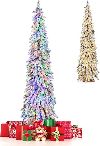 Miniatura 1 de GOFLAME Árbol de Navidad artificial preiluminado de 6 pies, árbol de Navidad delgado con luces LED multicolor y blanco cálido, 11 modos de