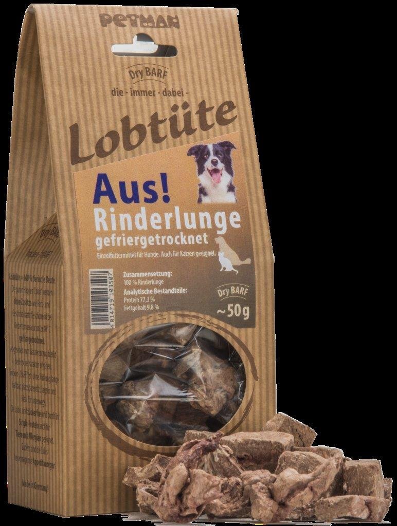 Lobtüte - Dry BARF, Leckerli, Belohnung, Naturkausnack (Petman Lobtüte AUS! Rinderlunge, 50g)