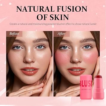 Jelly Blush Stick, Cream Blush & Tool 2-IN-1, Blendable Blushes Makeup For Eyes Lips Cheeks, Color Balm Natural and Creamy #BURST