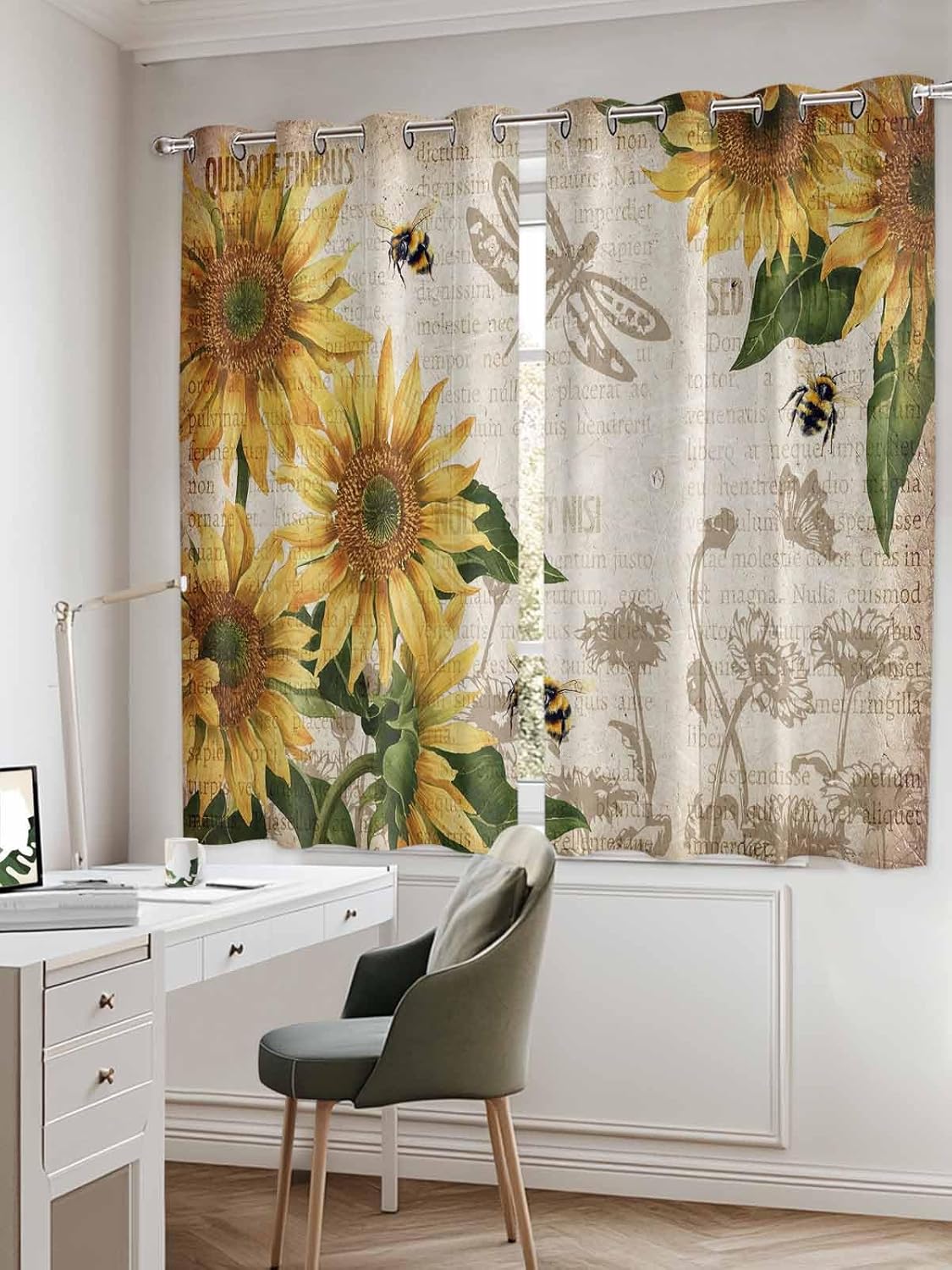 Blackout Window Curtains 84 Inch Length 2 Panels Set, Sunflowers and Bees Rustic Grommet Top Window Curtain for Living Room/Bedroom/Kitchen, Farmhouse Country Thermal Insulated Drapes 52x84 Inch