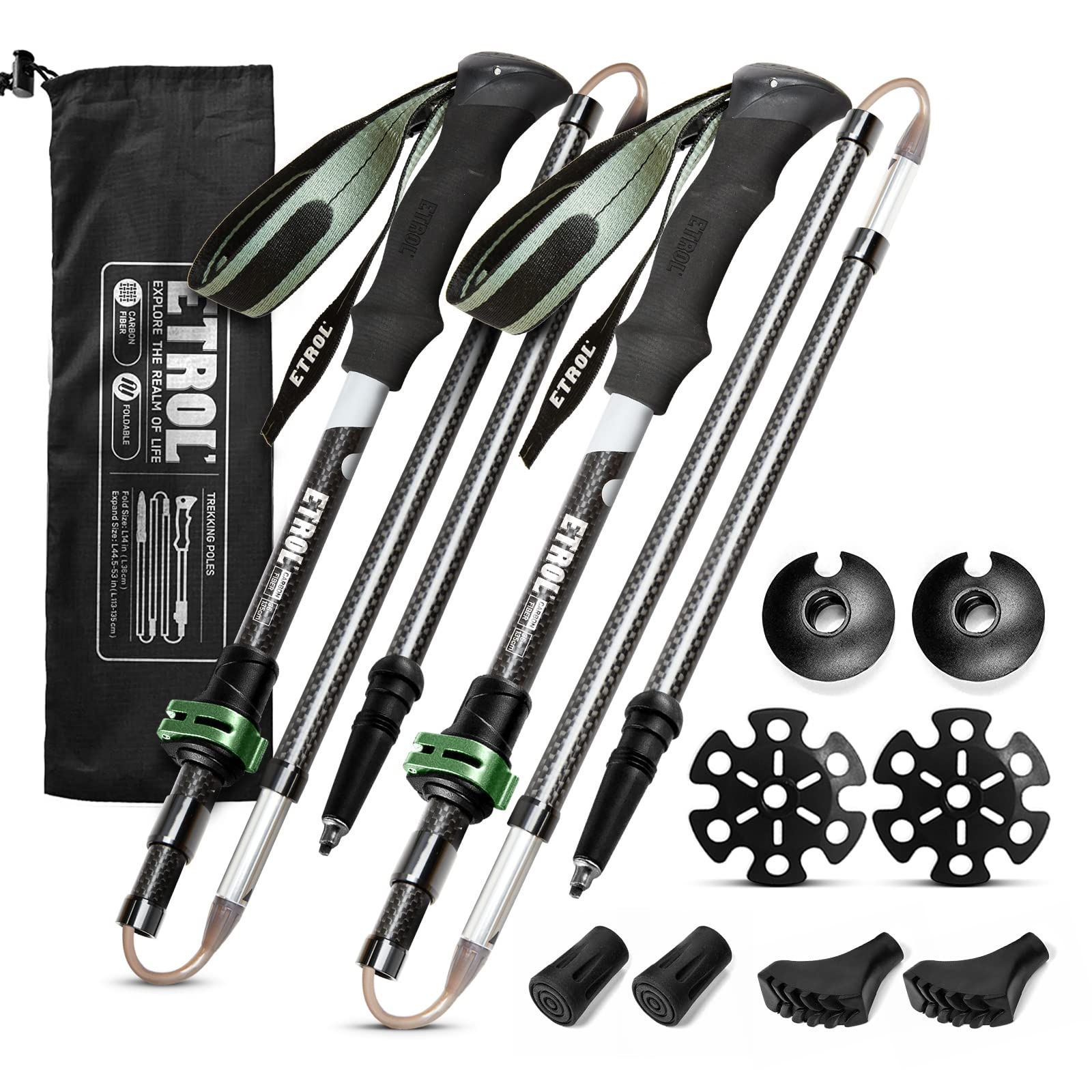 ETROL Carbon Ultra Ligh Wanderstöcke,Verstellbar Teleskop Trekkingstöcke Walking Stöcke für Rucksacktourismus mit Quick Flip Lock, Eva Griff,4 Paar Gummipuffers und 2 Tragetaschen