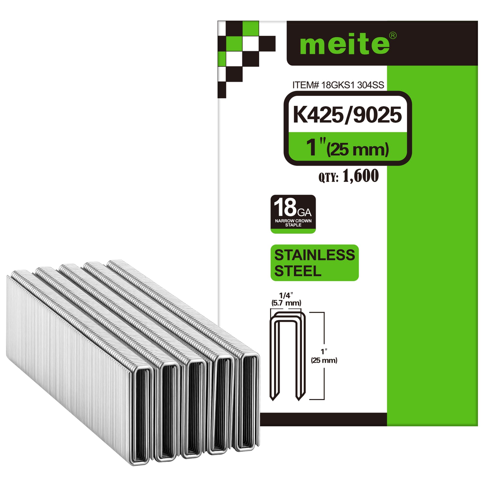meite 9025 Type 90/25 mm Narrow Crown Staples for Staple Gun, 18 Gauge Stainless Steel Upholstery Staples for Furniture, Wood Box, Crafts DIY (1,600 Counts)