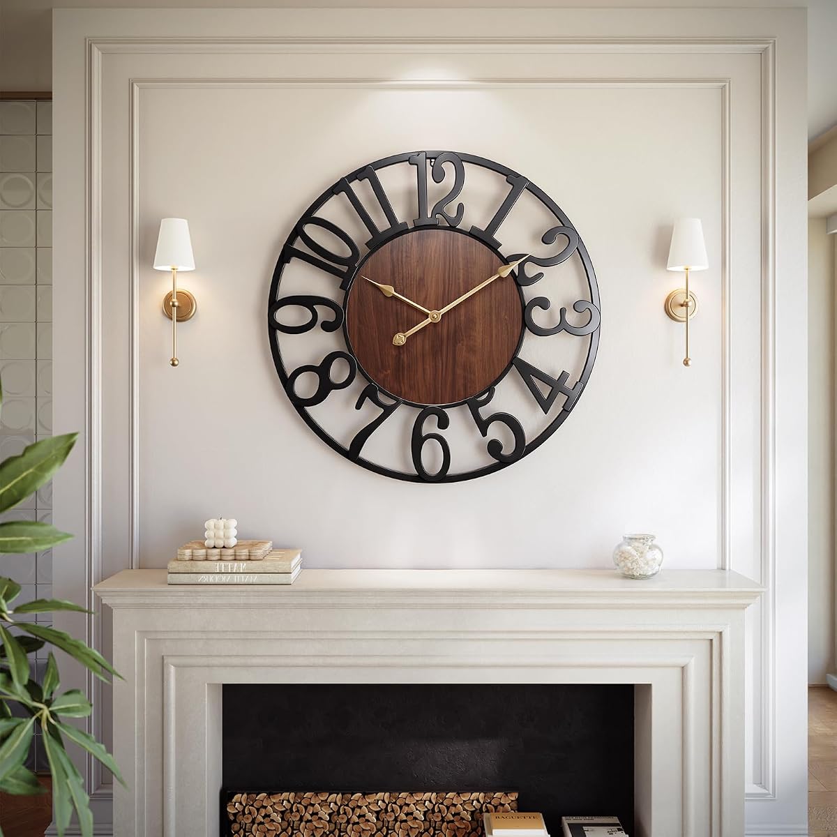 32 Inch Large Wall Clock, Arabic Numeral Wood Oversized Wall Clock | Vintage Round Modern Metal Wall Clock for Living Room Decor, Bedroom & Kitchen, Silent/Non Ticking/Battery Operated