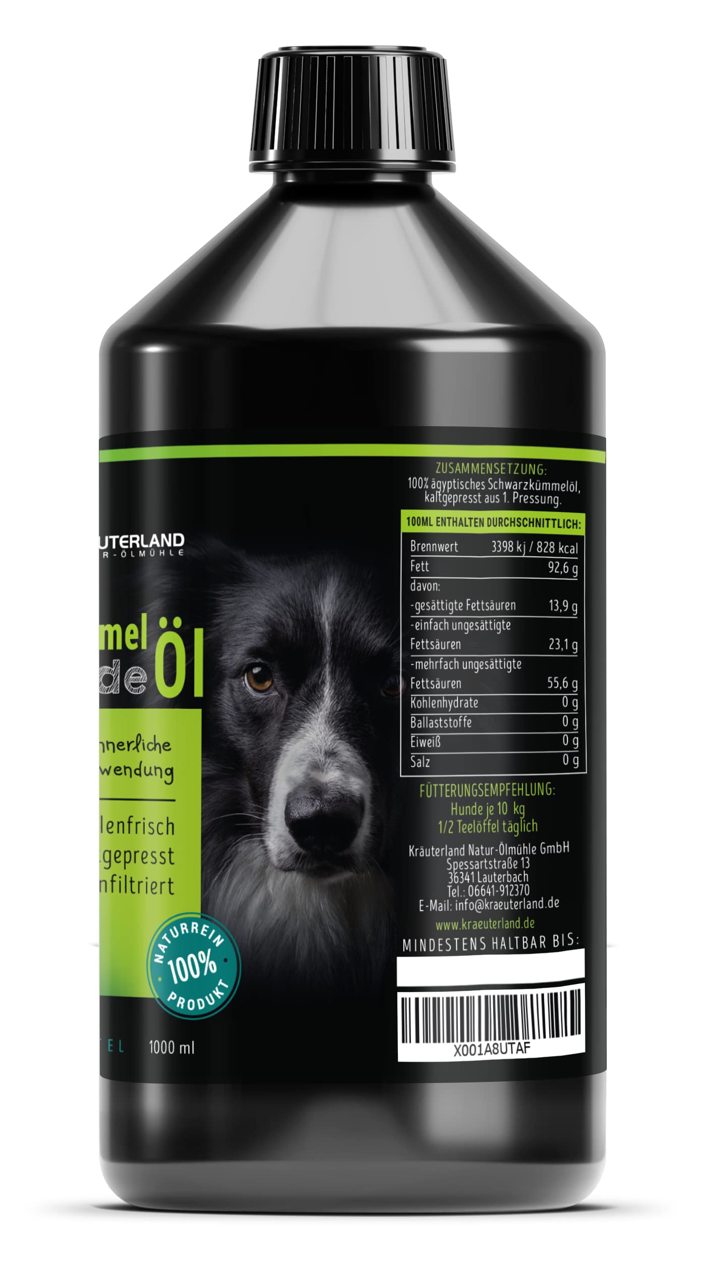 Kräuterland - Schwarzkümmelöl für Hunde 1000ml - 100% rein, ungefiltert, kaltgepresst - mühlenfrisch direkt vom Hersteller - Fütterung & Fellpflege