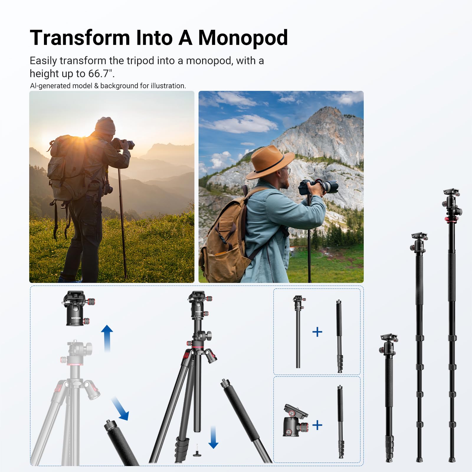 NEEWER BASICS Statyw do kamery górnej, monopod z głowicą kulową i poziomą kolumną środkową, 76-calowy metalowy stojak podróżny DSLR, płyta QR typu Arca i odwrócone nogi, maksymalne obciążenie 8 kg