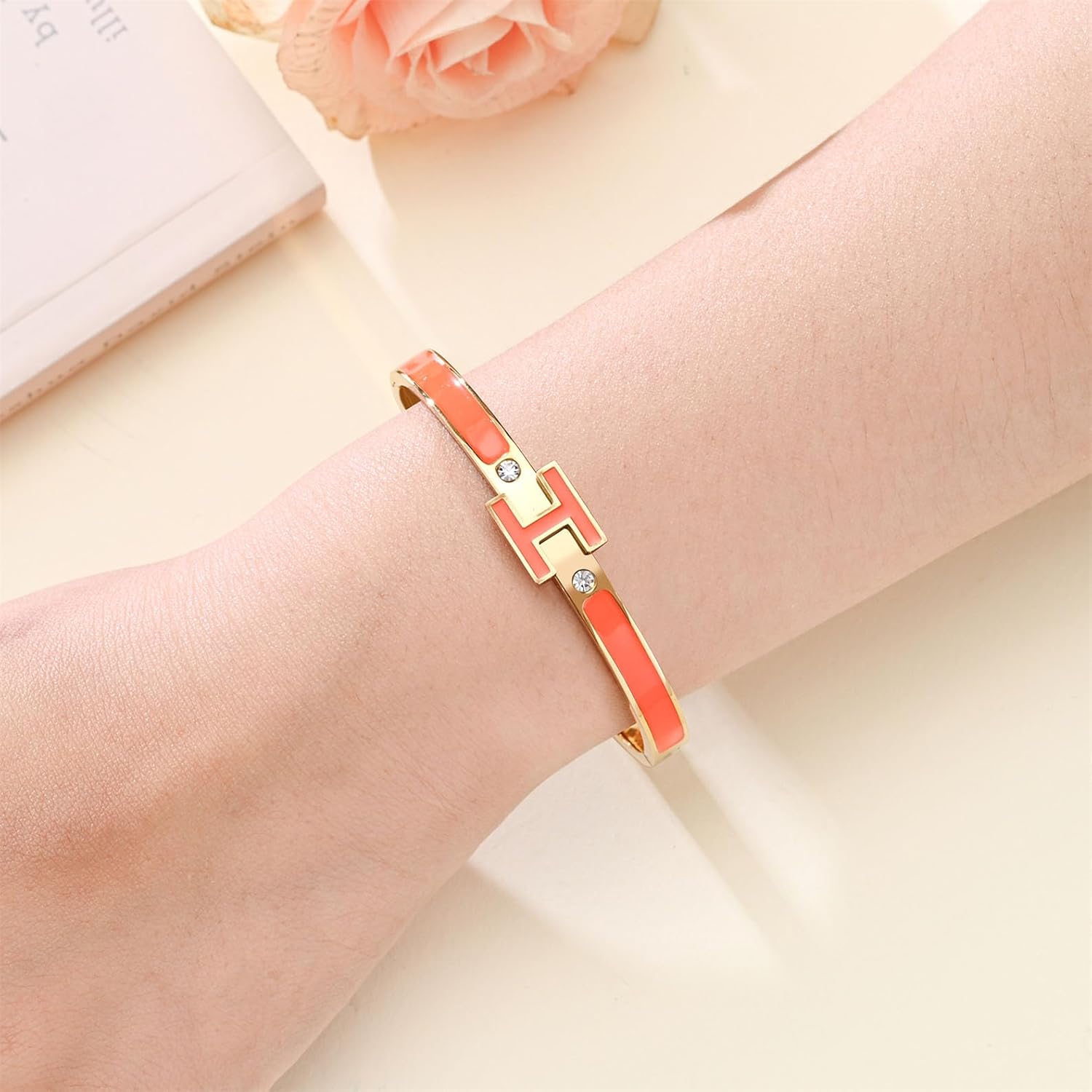 H Bangle Bracelet for Women - 18K Gold Plated Stainless Steel Enamel Bracelet - Fashion H Letter Jewelry - Elegant Gift for Women - Image 2