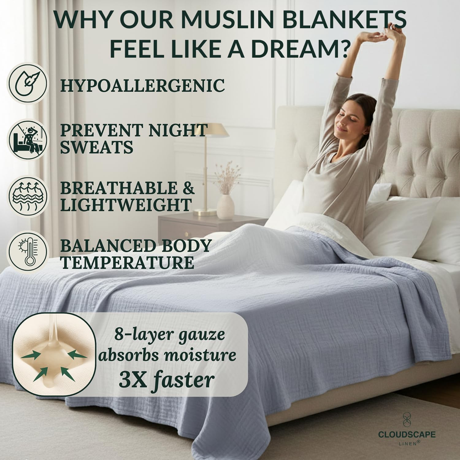 Cloud Scape Linen 8-Layer Muslin Blanket Queen Size - 100% Cotton, Soft and Breathable, Oversized Winter Blanket, Fits up to Full Size Bed, 92x92, Lavender Blue - Image 4