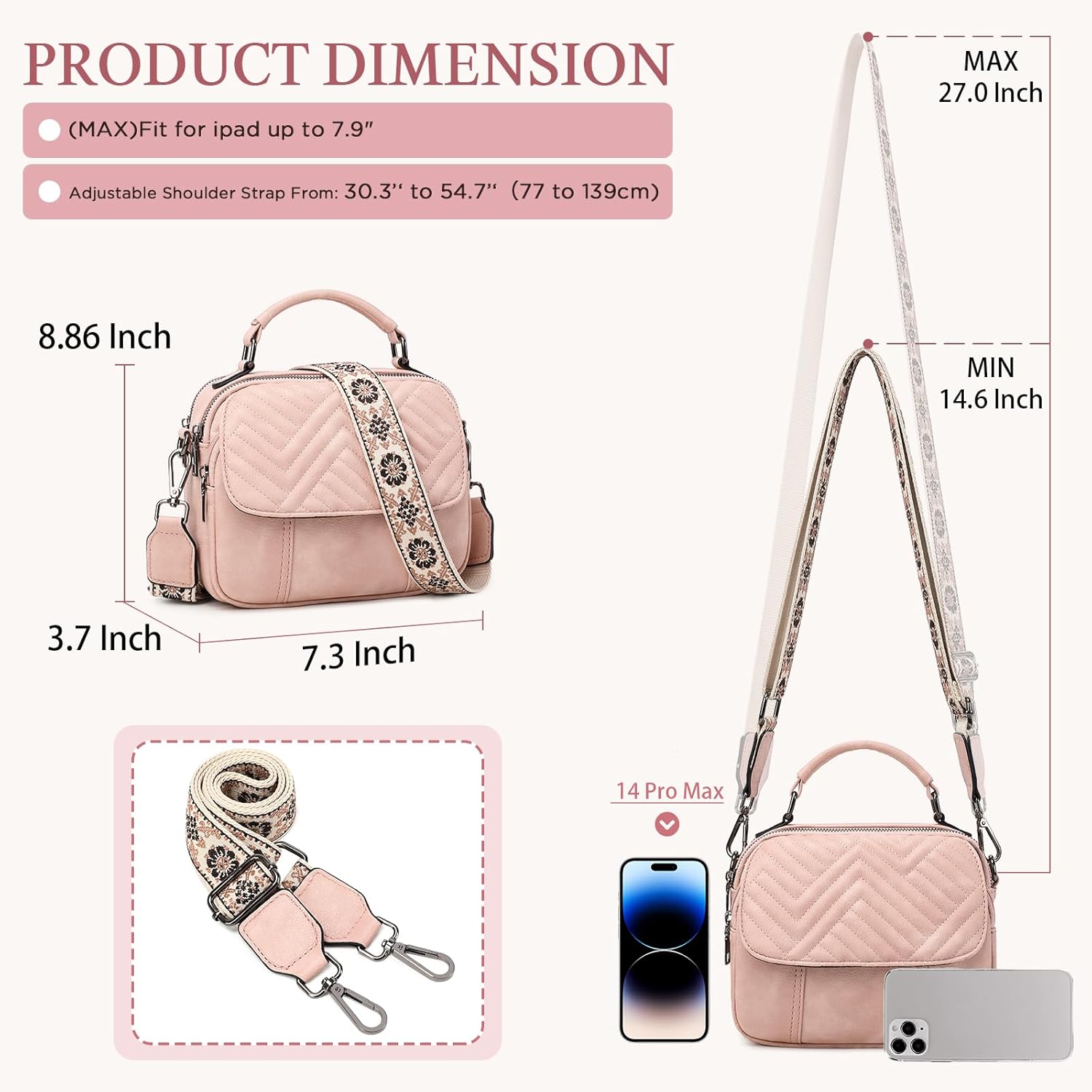 OPAGE Crossbody Bags for Women, Quilted Vegan Leather Women Crossbody Purses Shoulder Handbag with Wide Strap & Top Handle - Image 4