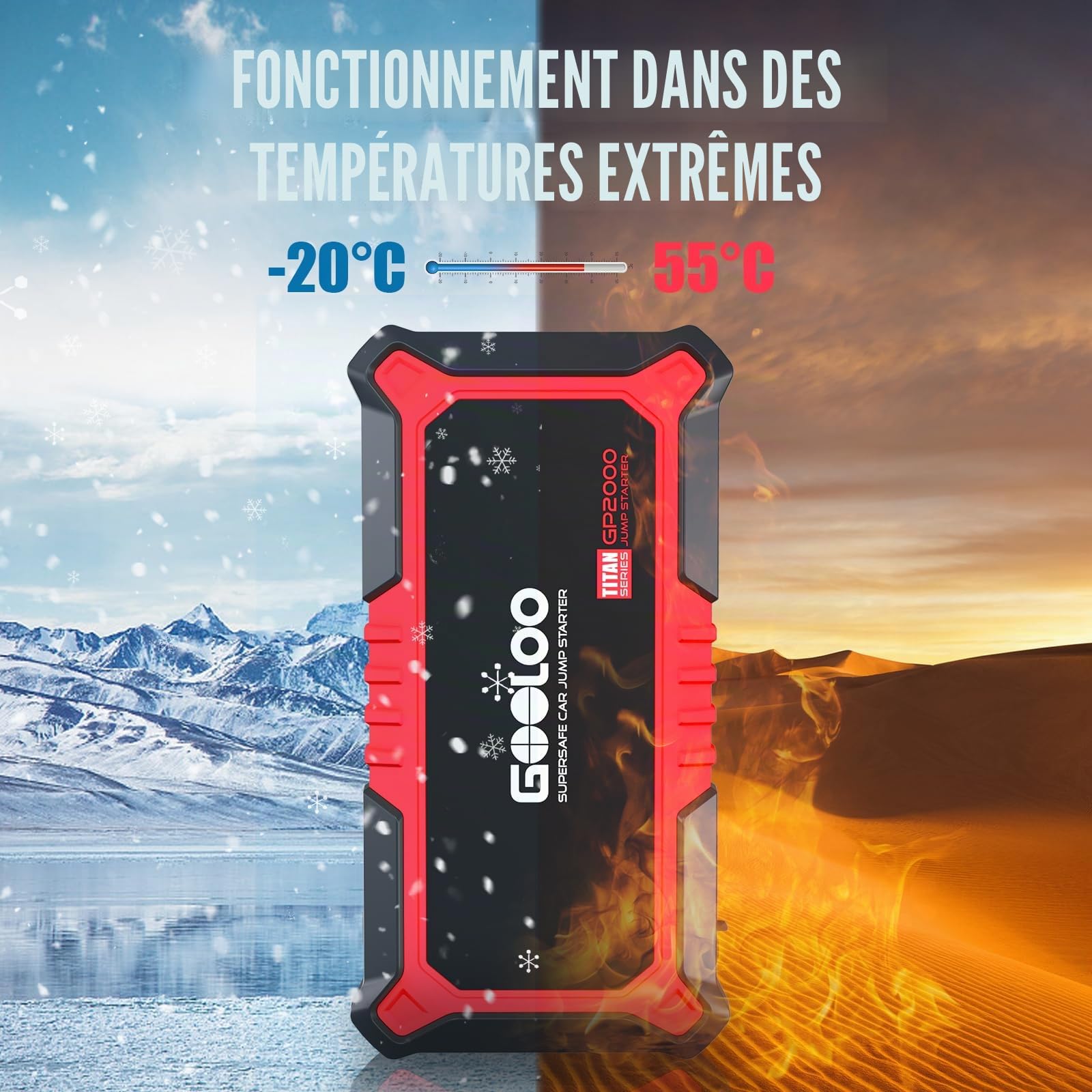 GOOLOO Booster Batterie Voiture 2000A GP2000 12V Démarreur Supersafe (Jusqu'à 8,0L Essence 6,0L Gazole) Jump Starter avec Pinces sécurité intelligentes+Lampe LED+Sorties ChargeRapide 3.0