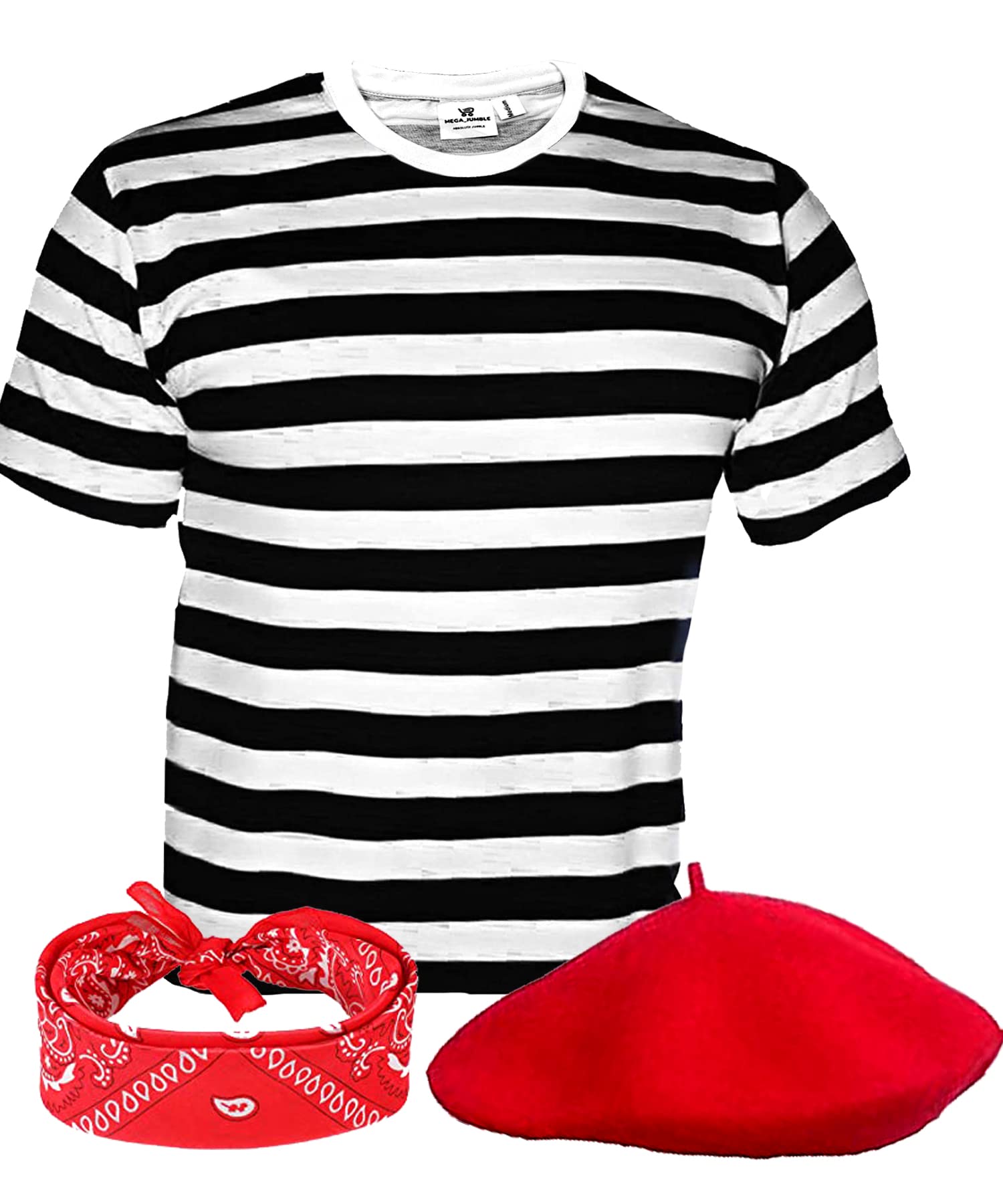Mega_JumbleSale® Deluxe Mens French Man Stag Night Fancy Dress Costume French Day 3 Piece Set Waiter Outfit Set - Red Beret Hat, Red Neck Scarf and Black & White Stripes T-Shirt (M)