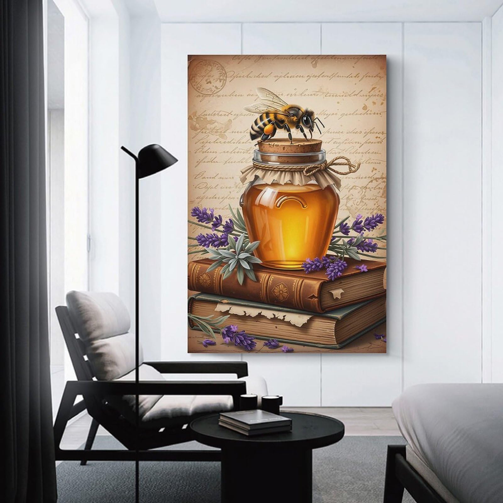 Junmoney Honey Jar with Bee And Lavender Decorative Wall Artwork 20x30inch(50x75cm), for New Homes, Bedrooms Or Workspaces, A Wall Art Gift for Fresh Interiors