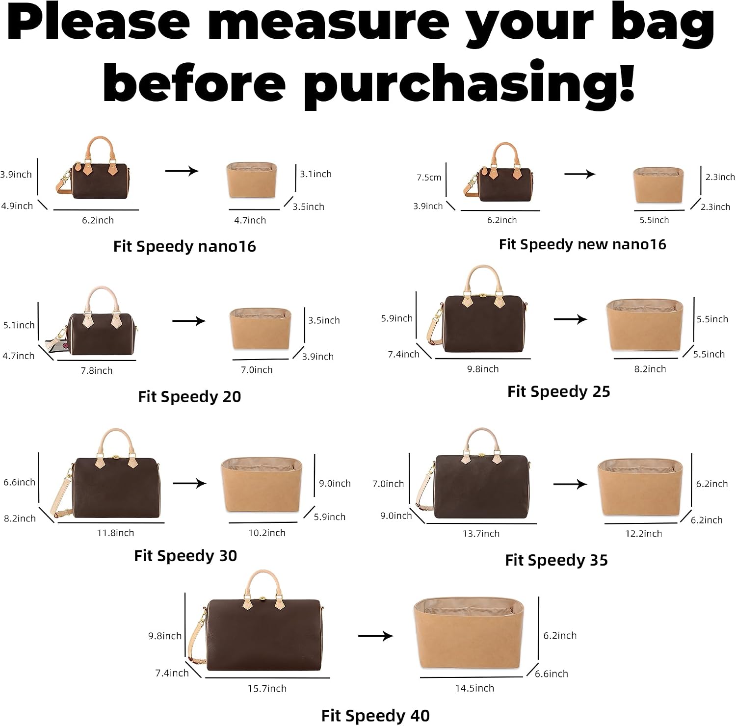 DGAZ Lightweight Purse Organizer Insert for Speedy Bag,silk and DupontPaper handbag inner for Luxury Bags(30,Chai)